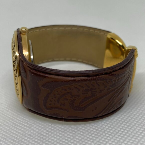 Avon women gold brown tone watch 33mm round case quartz cuff bangle running - Picture 3 of 7